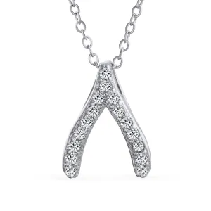 Pave CZ Good Luck Wishbone Pendant Necklace in Sterling Silver