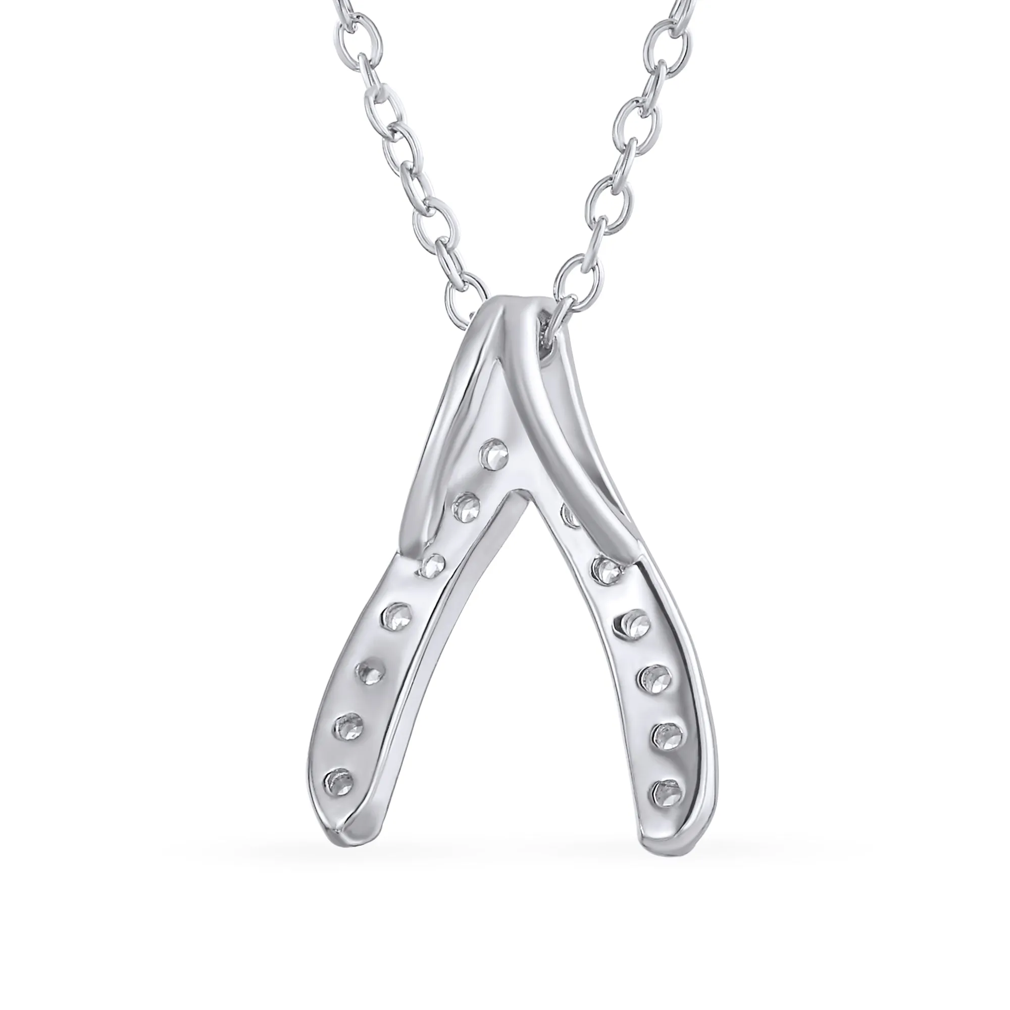 Pave CZ Good Luck Wishbone Pendant Necklace in Sterling Silver