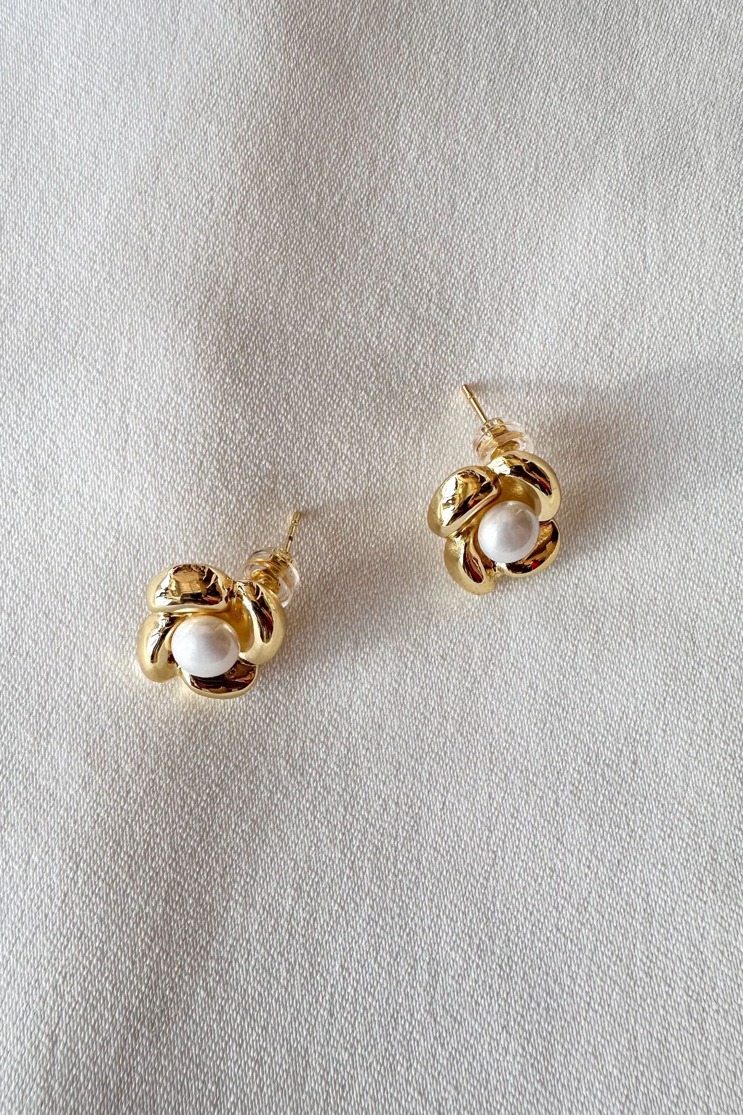 Pearl and Gold Floral Stud Earrings