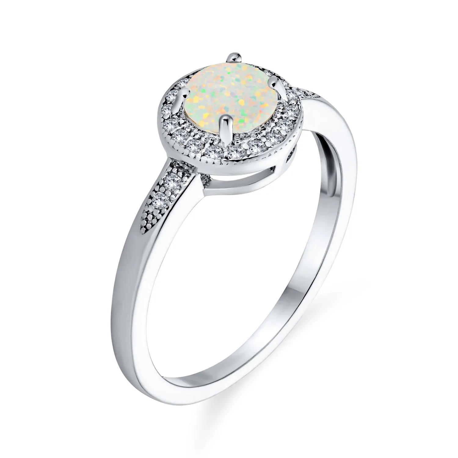 Petite Dainty CZ Halo 1CT Round Opal Engagement Ring with Side Stones Silver