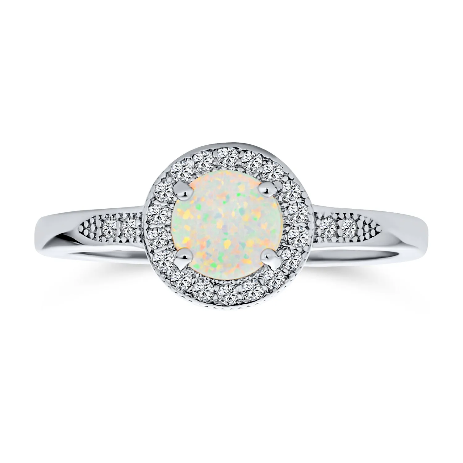 Petite Dainty CZ Halo 1CT Round Opal Engagement Ring with Side Stones Silver