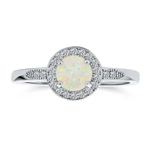 Petite Dainty CZ Halo 1CT Round Opal Engagement Ring with Side Stones Silver