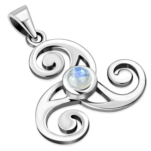 Rainbow Moon Stone Celtic Triskele Triple Spiral Silver Pendant