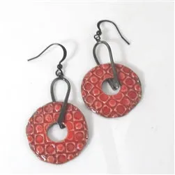 Red Artisan Handmade Earrings Raku Glaze Gunmetal Ear Wires