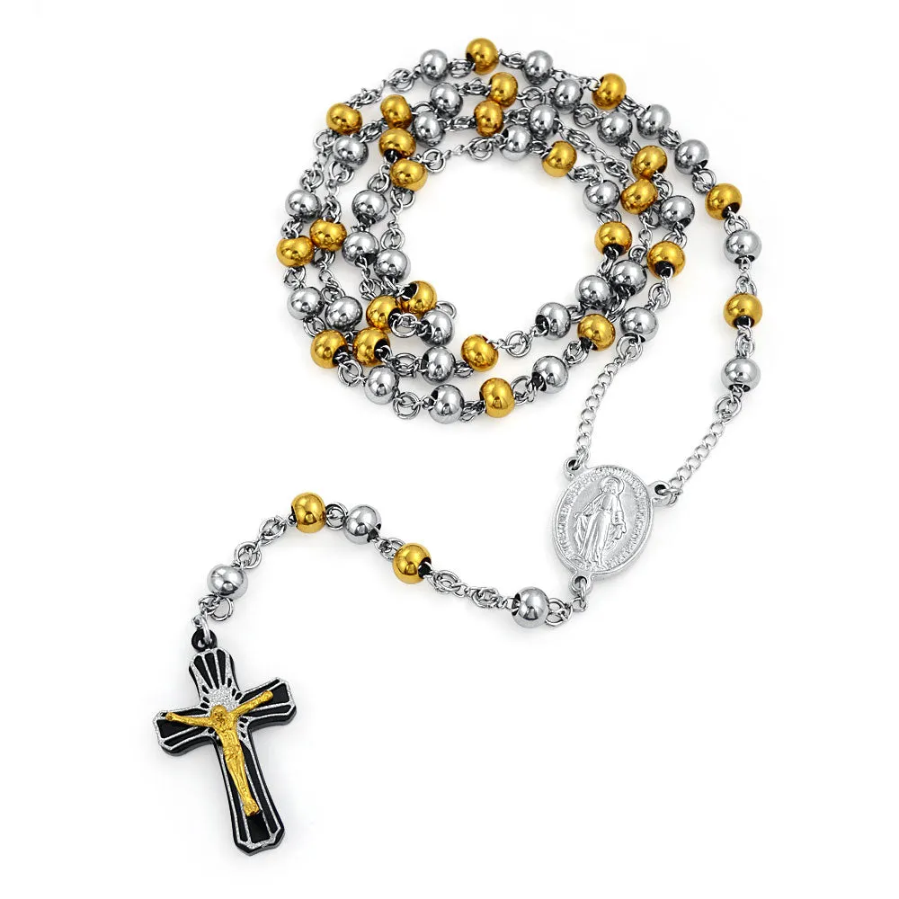 Religious Christian Drop Necklace with Virgin Mary and Crucifix Gold & Silver Tone