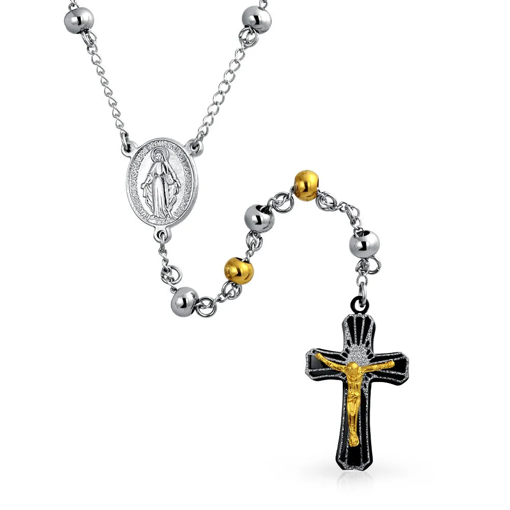 Religious Christian Drop Necklace with Virgin Mary and Crucifix Gold & Silver Tone