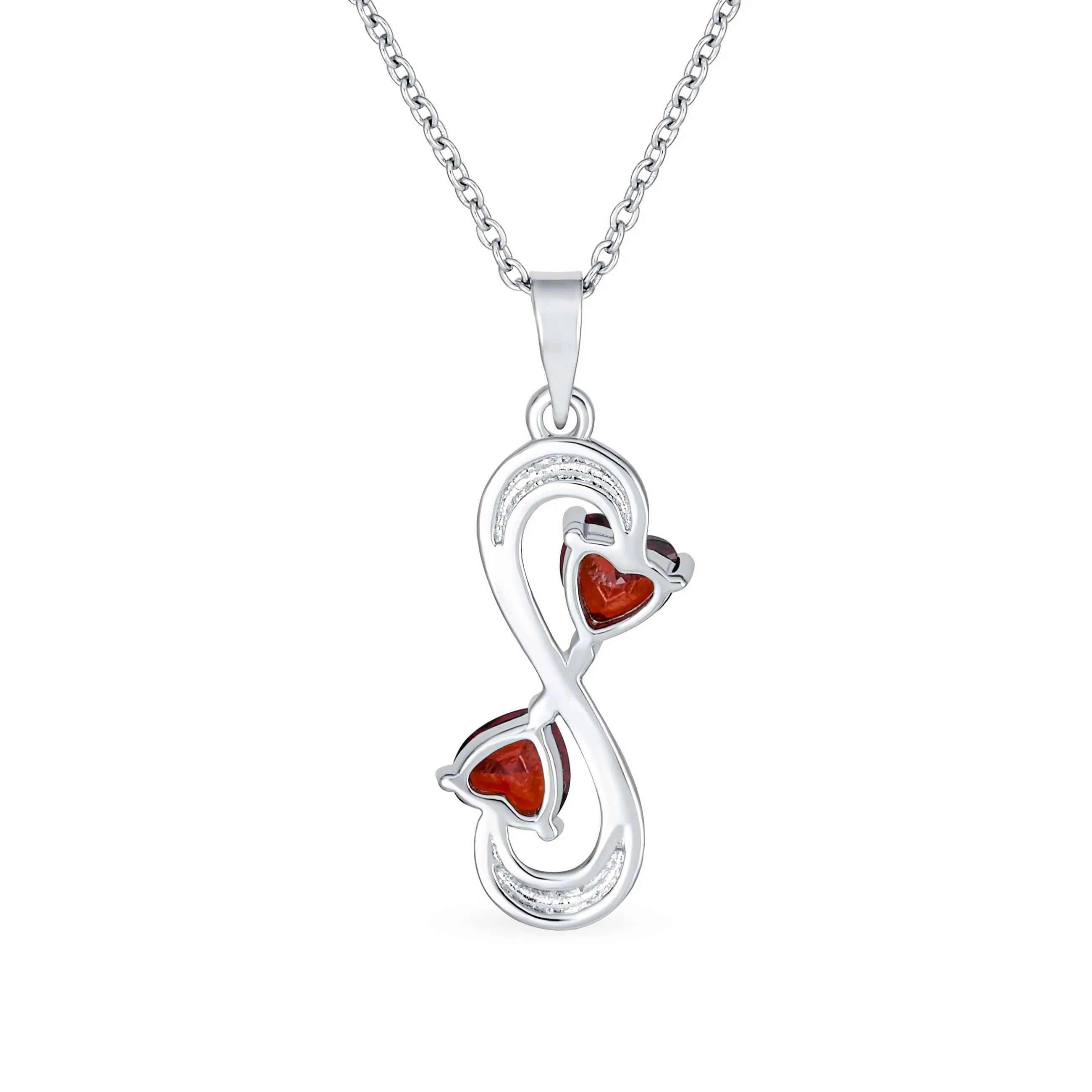 Romantic Infinity Pendant Necklace with Ruby Red CZ Hearts Sterling Silver Chain