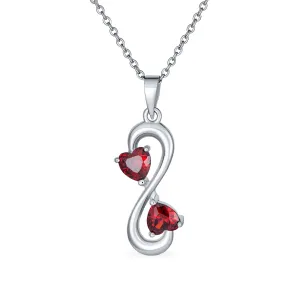 Romantic Infinity Pendant Necklace with Ruby Red CZ Hearts Sterling Silver Chain