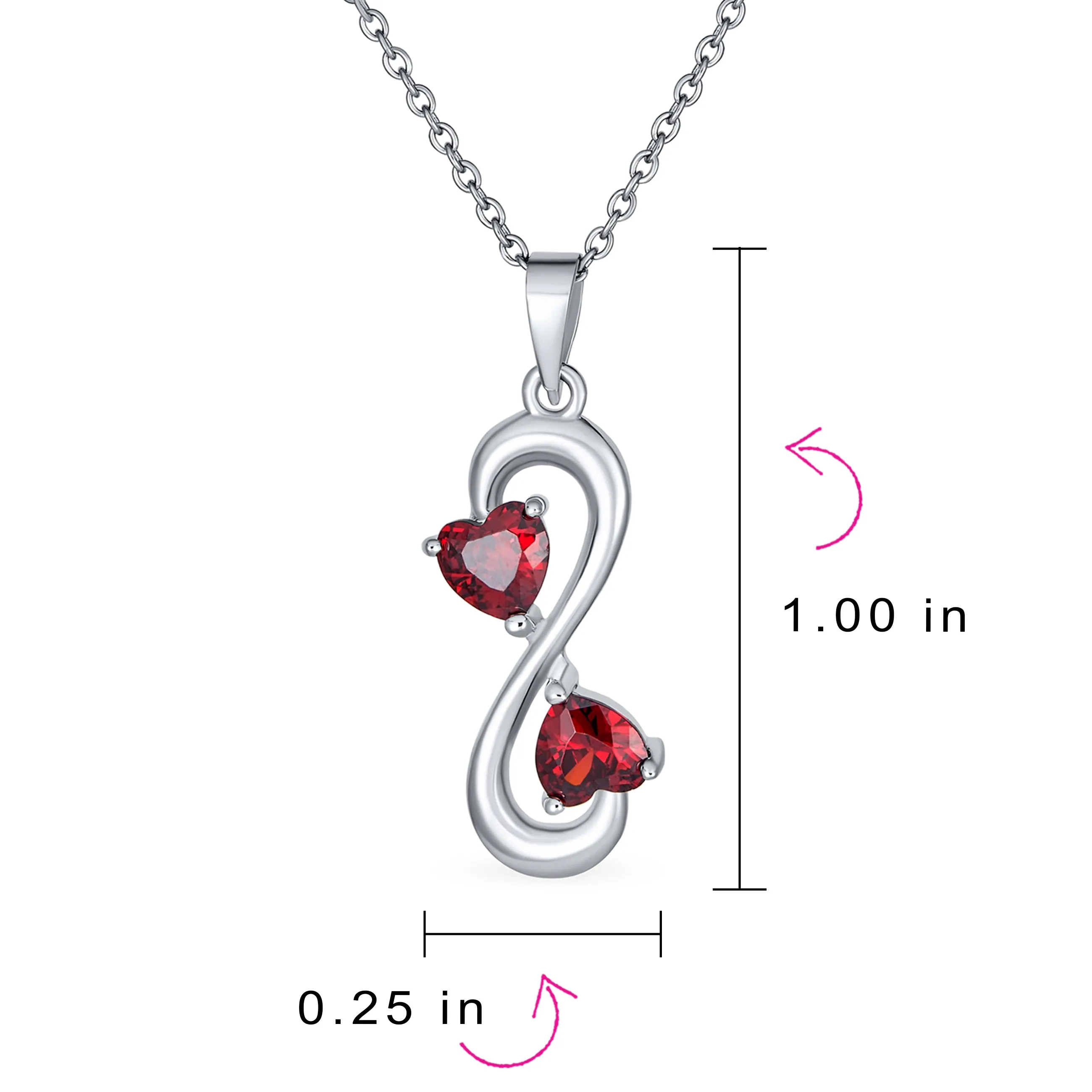 Romantic Infinity Pendant Necklace with Ruby Red CZ Hearts Sterling Silver Chain