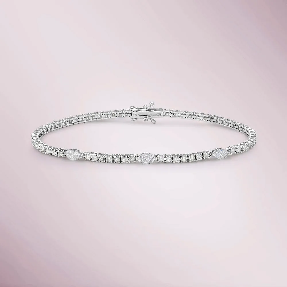 Round & Marquise Shape Diamond Tennis Bracelet (3.00 ct.) 4-Prongs Setting in 14K Gold