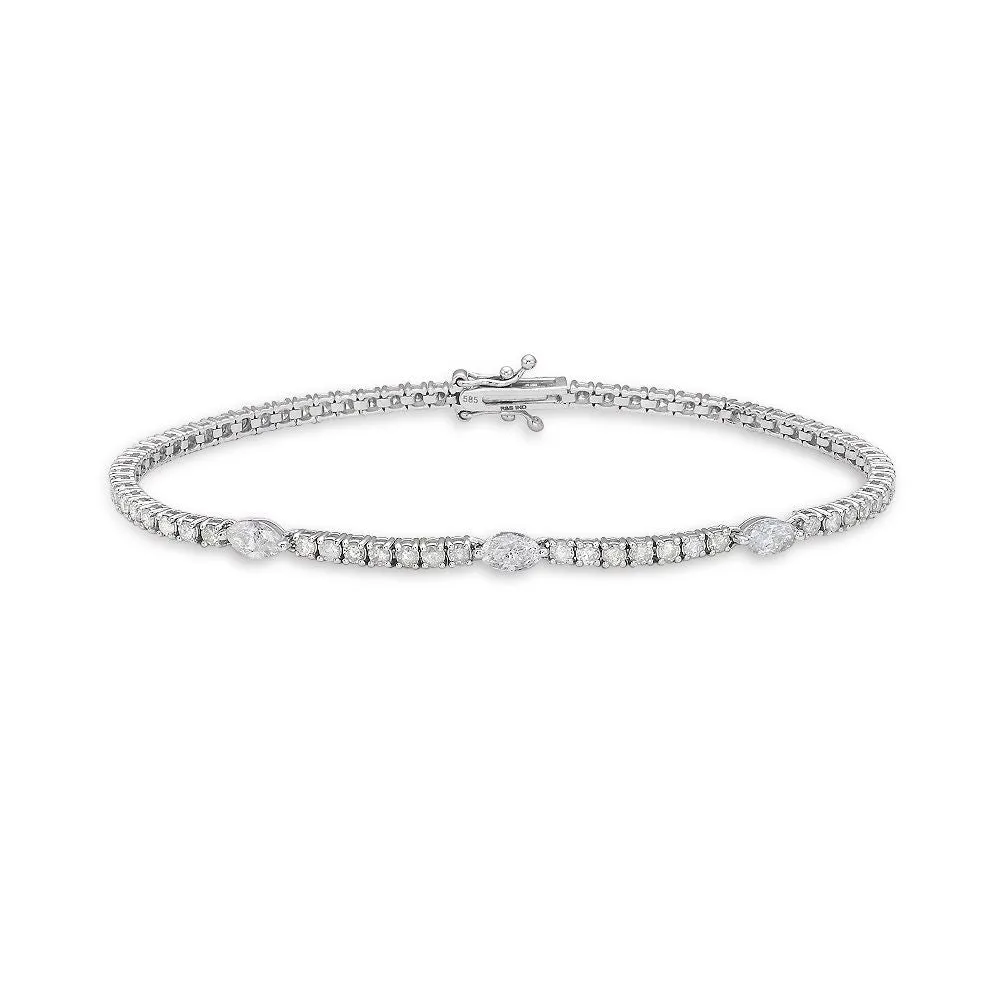 Round & Marquise Shape Diamond Tennis Bracelet (3.00 ct.) 4-Prongs Setting in 14K Gold