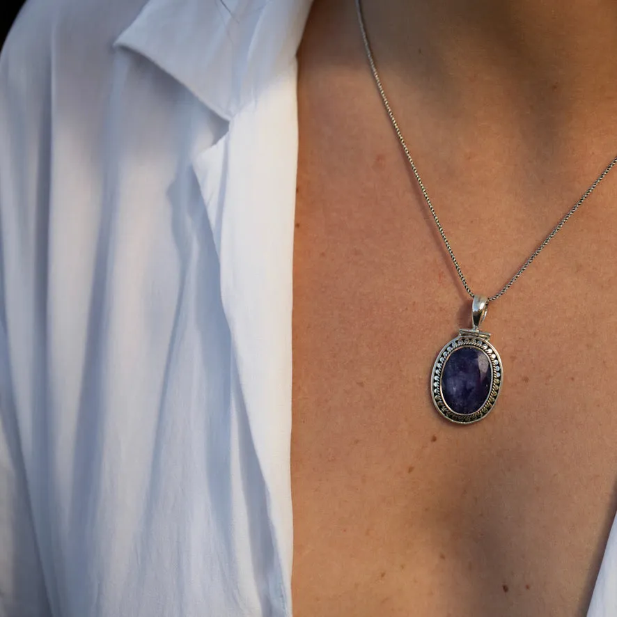 Sapphire Quartz Pendant with artisan setting- Tulsi