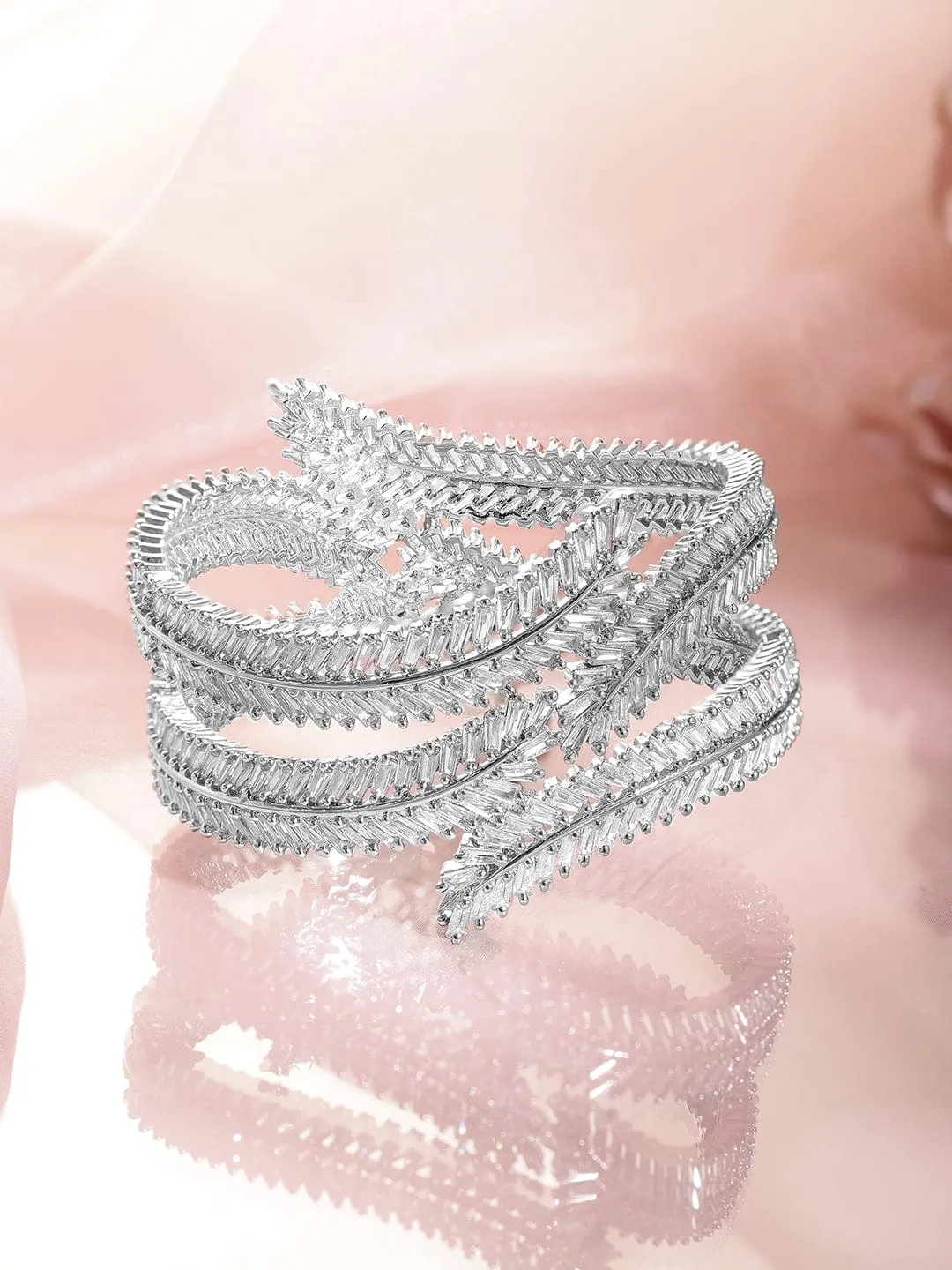 Set of 2 Rhodium Plated AD & Cubic Zirconia Studded Premium Bangles