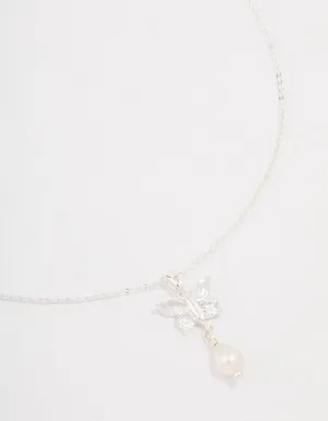 Silver Cubic Zirconia Flower Pearl Pendant Necklace