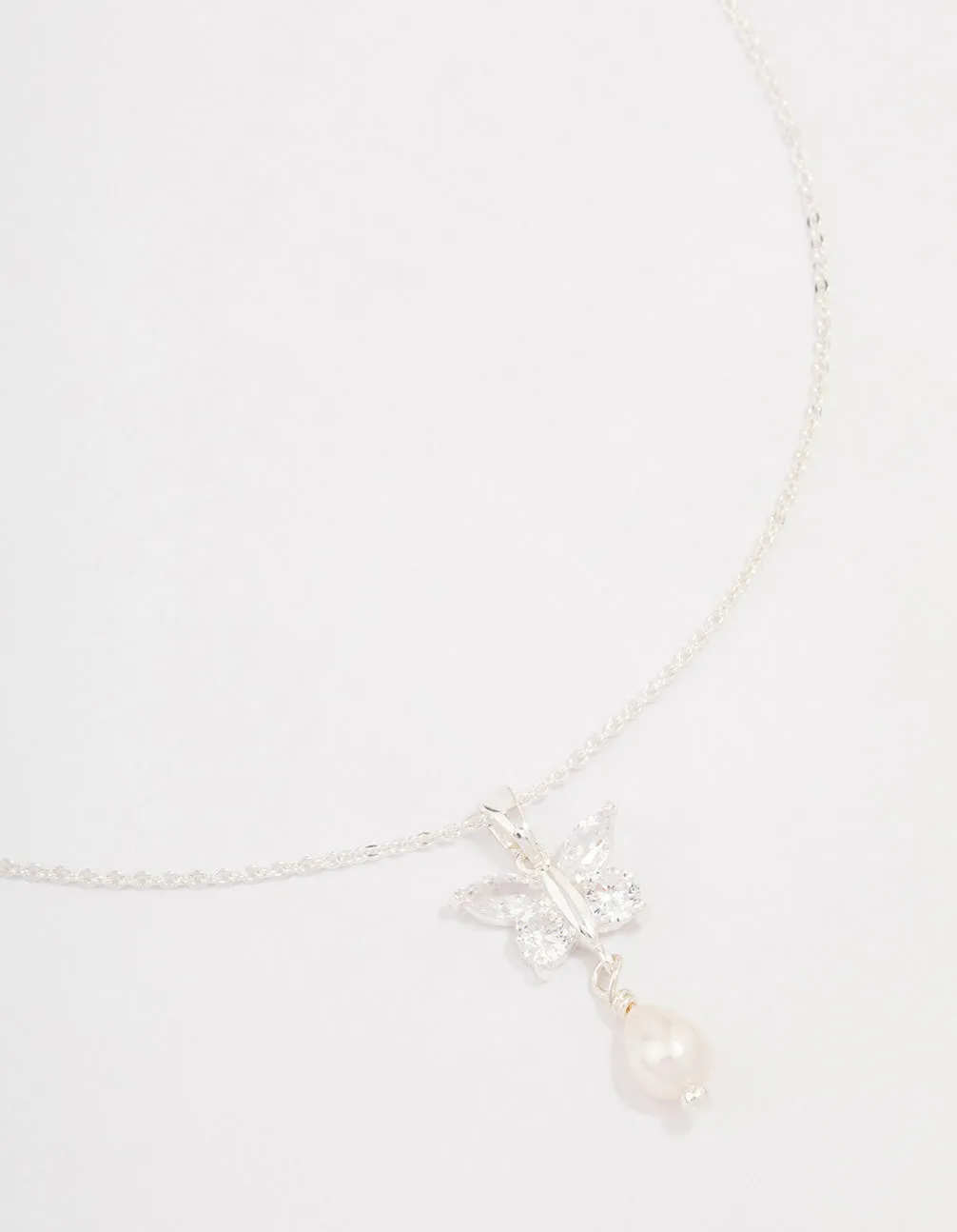 Silver Cubic Zirconia Flower Pearl Pendant Necklace