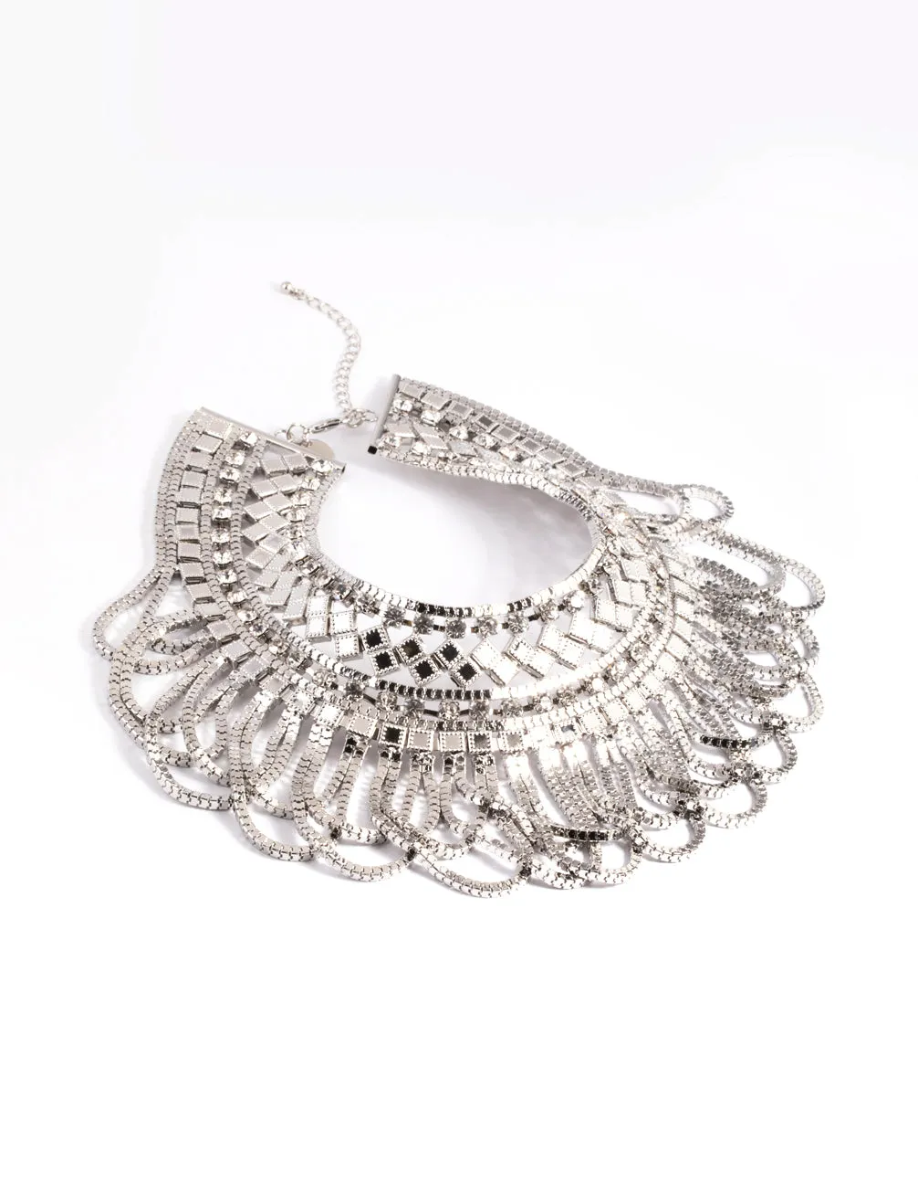 Silver Diamante Aztec Drape Collar Necklace