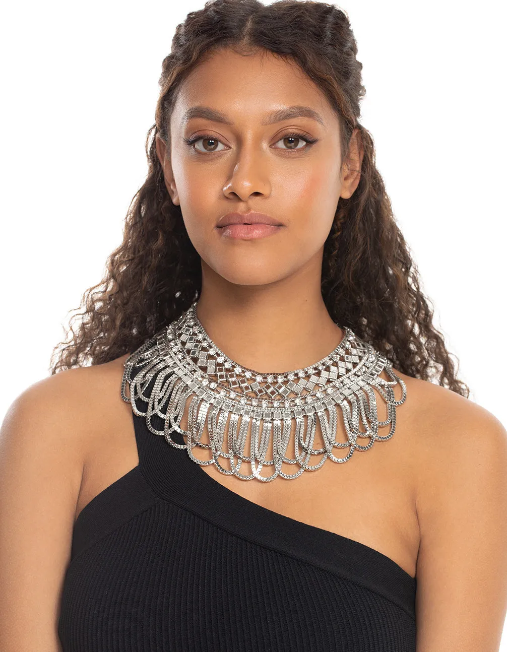 Silver Diamante Aztec Drape Collar Necklace