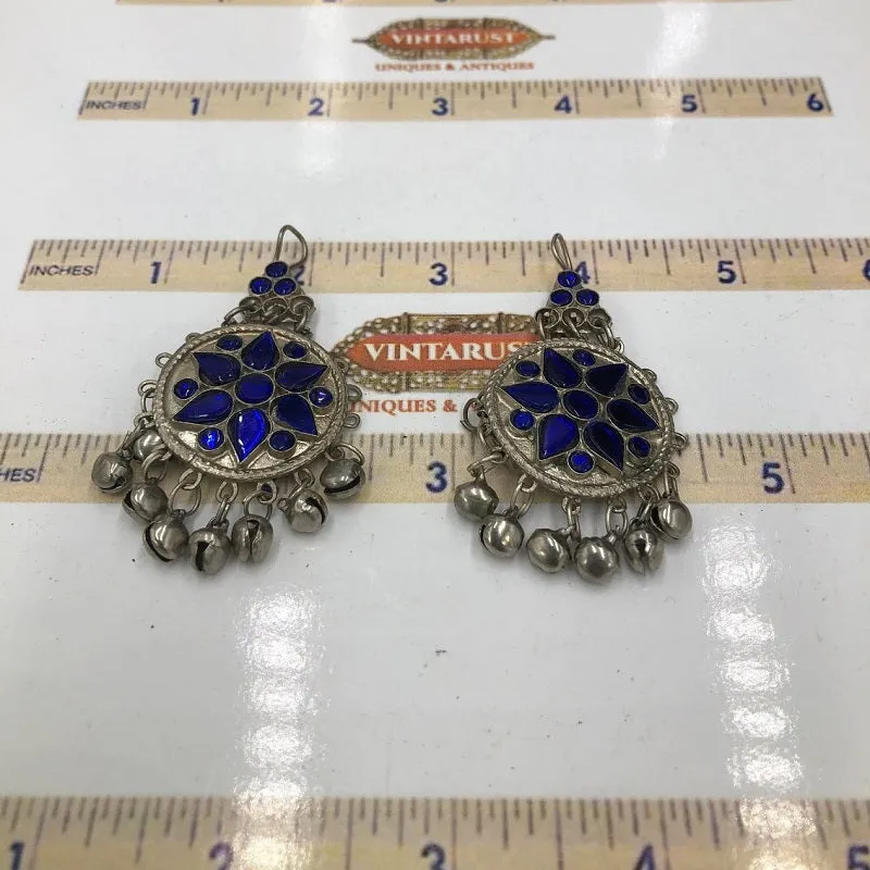 Silver Jhumka Style Earrings With Blue Glass Stones