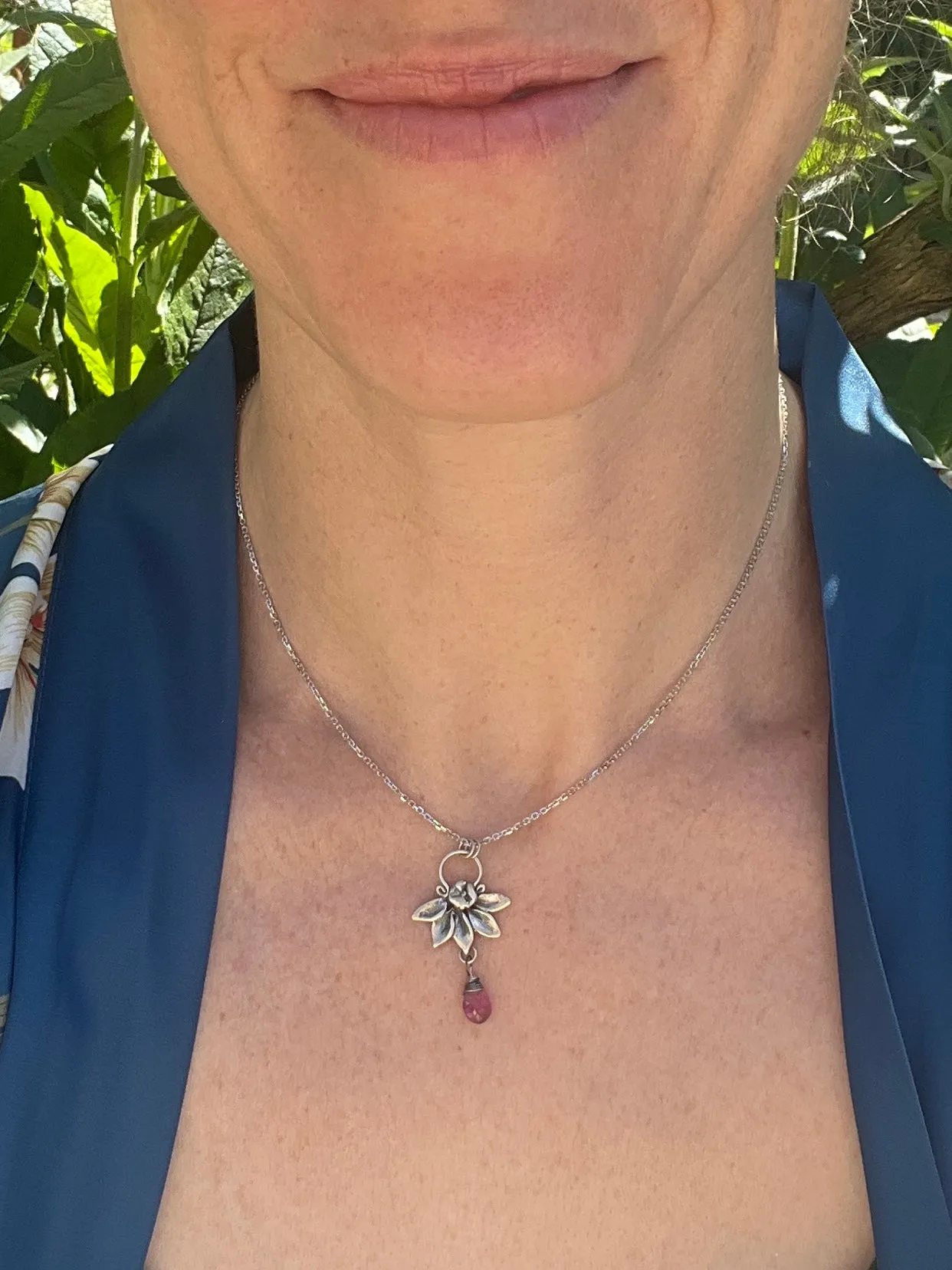 Silver Lotus Flower Necklace with Pink Tourmaline Teardrop