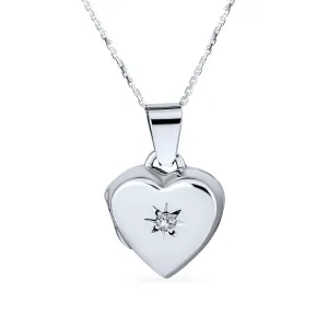 Small Vintage CZ Floral Heart Photo Locket Necklace for Teens Sterling Silver Pendant