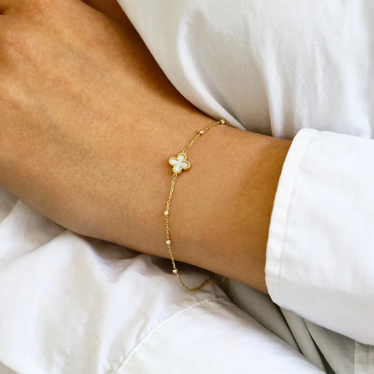 Soleil Collection 7.5"  Mother of Pearl Petal and Bead Bracelet | 9K Yellow Gold