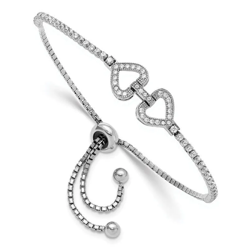 Sterling Silver Rhodium-plated CZ Linked Hearts Adjustable Bracelet