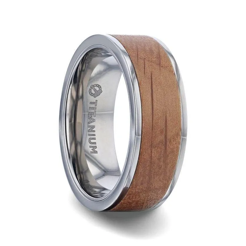 STILL Whiskey Barrel Inlaid Titanium Men's Wedding Band With Flat Polished Edges Made From Genuine Whiskey Barrels - 8mm