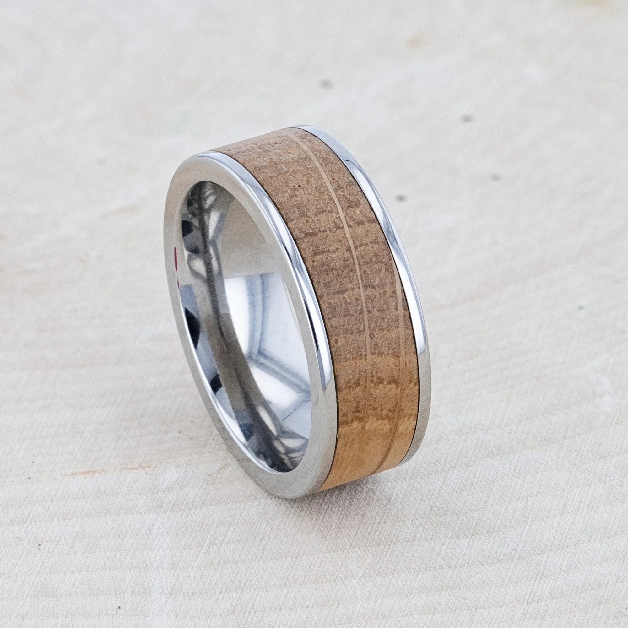 STILL Whiskey Barrel Inlaid Titanium Men's Wedding Band With Flat Polished Edges Made From Genuine Whiskey Barrels - 8mm