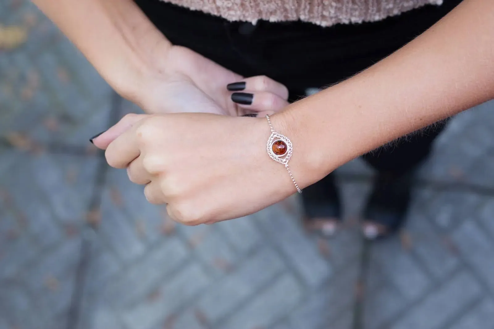 Stunning Decorative Amber & Silver Ball Bracelet - Elegant Baltic Amber Design