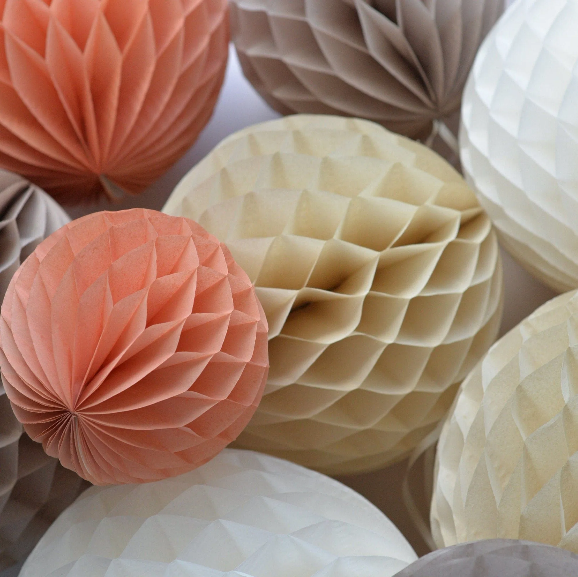 Terracotta and neutral paper honeycomb ball party decoration  set - rustic wedding, neutral baby shower, bridal shower, birthday decorations