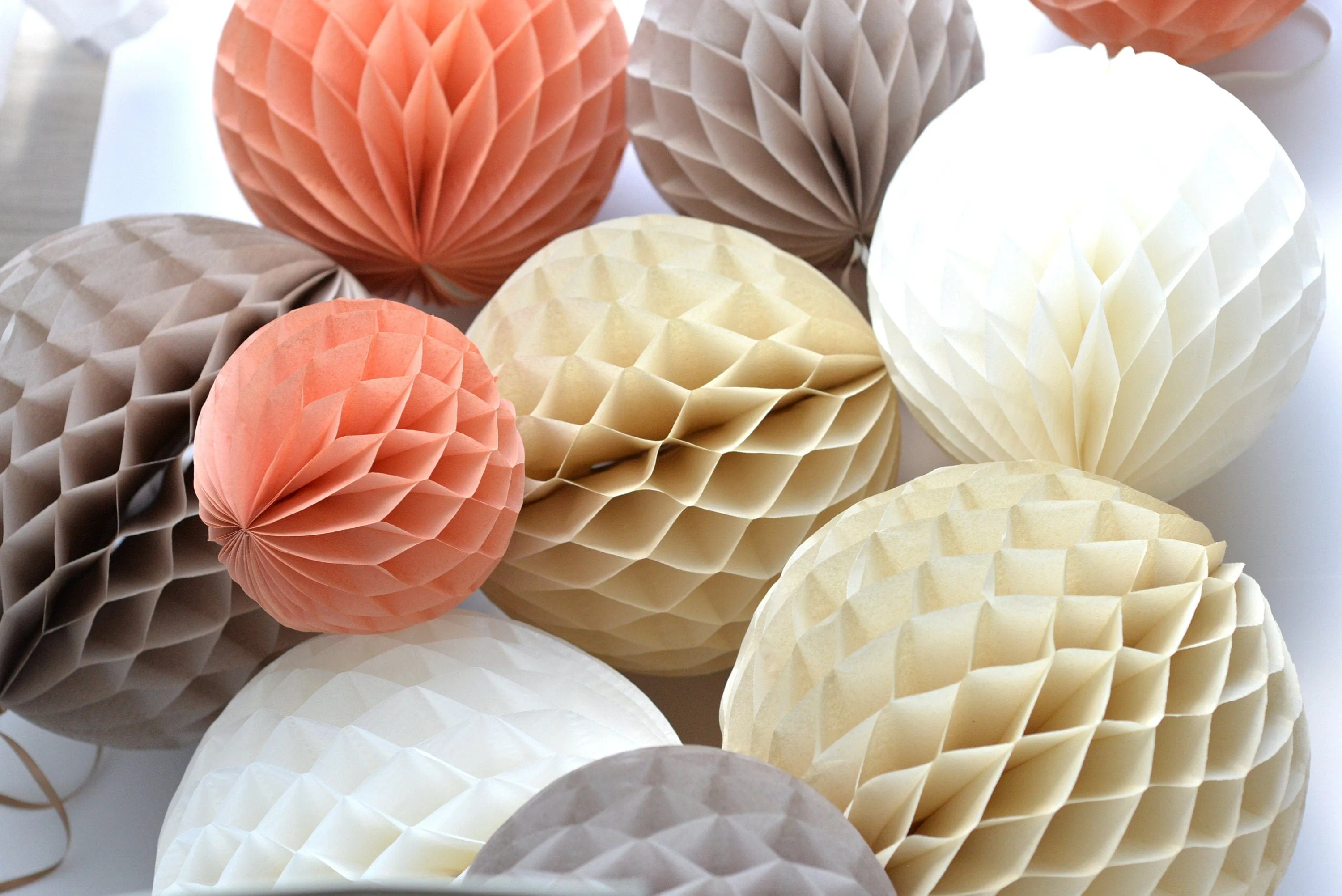 Terracotta and neutral paper honeycomb ball party decoration  set - rustic wedding, neutral baby shower, bridal shower, birthday decorations