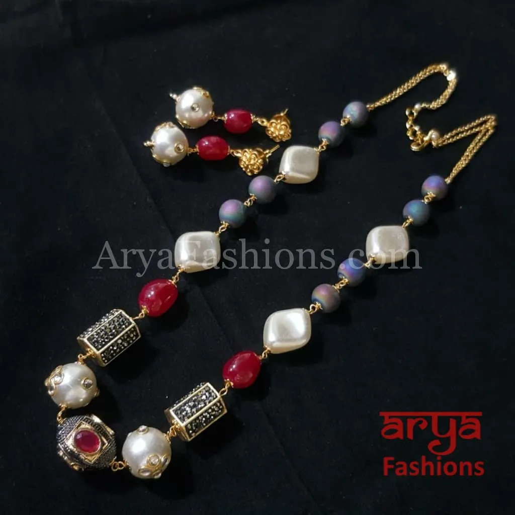 Traditional Colorful Beads Mala Necklace with Earrings