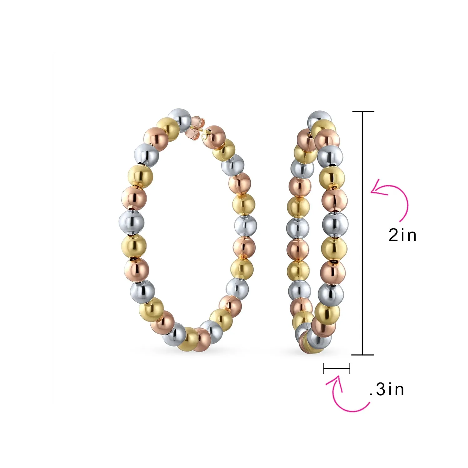 Tri Color Bead Hoop Huggie Earrings 18K Gold Plated 2.2 Inch Latch Back Closure