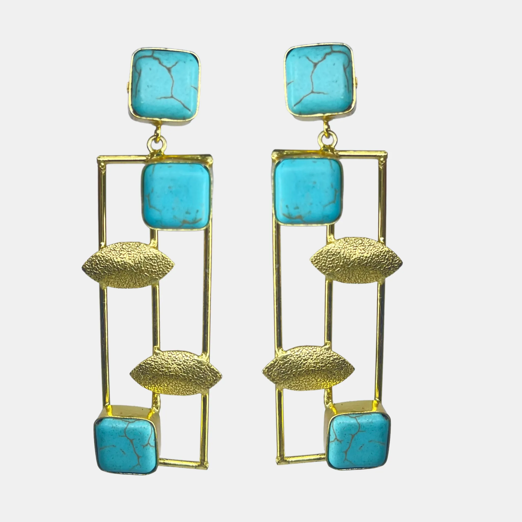 Turquoise earrings- square with leaves