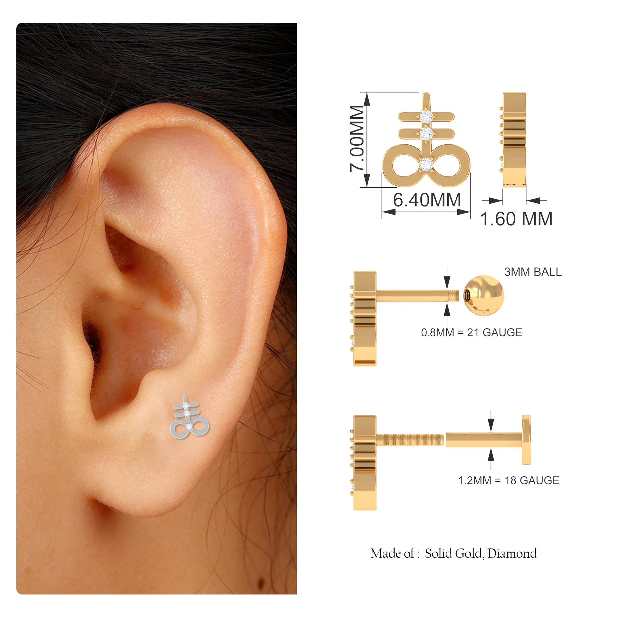 Unique Diamond Key Earring for Cartilage Piercing