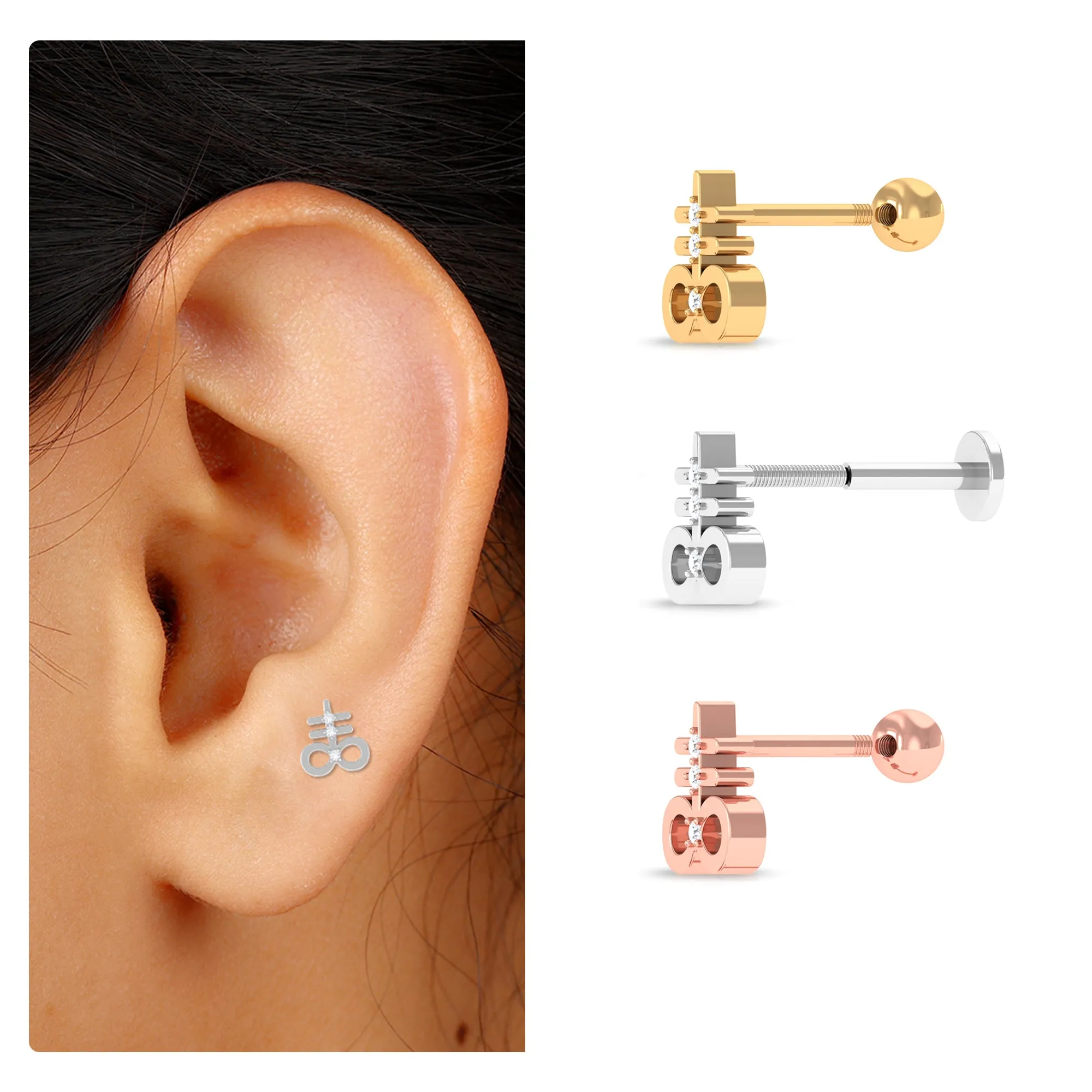 Unique Diamond Key Earring for Cartilage Piercing