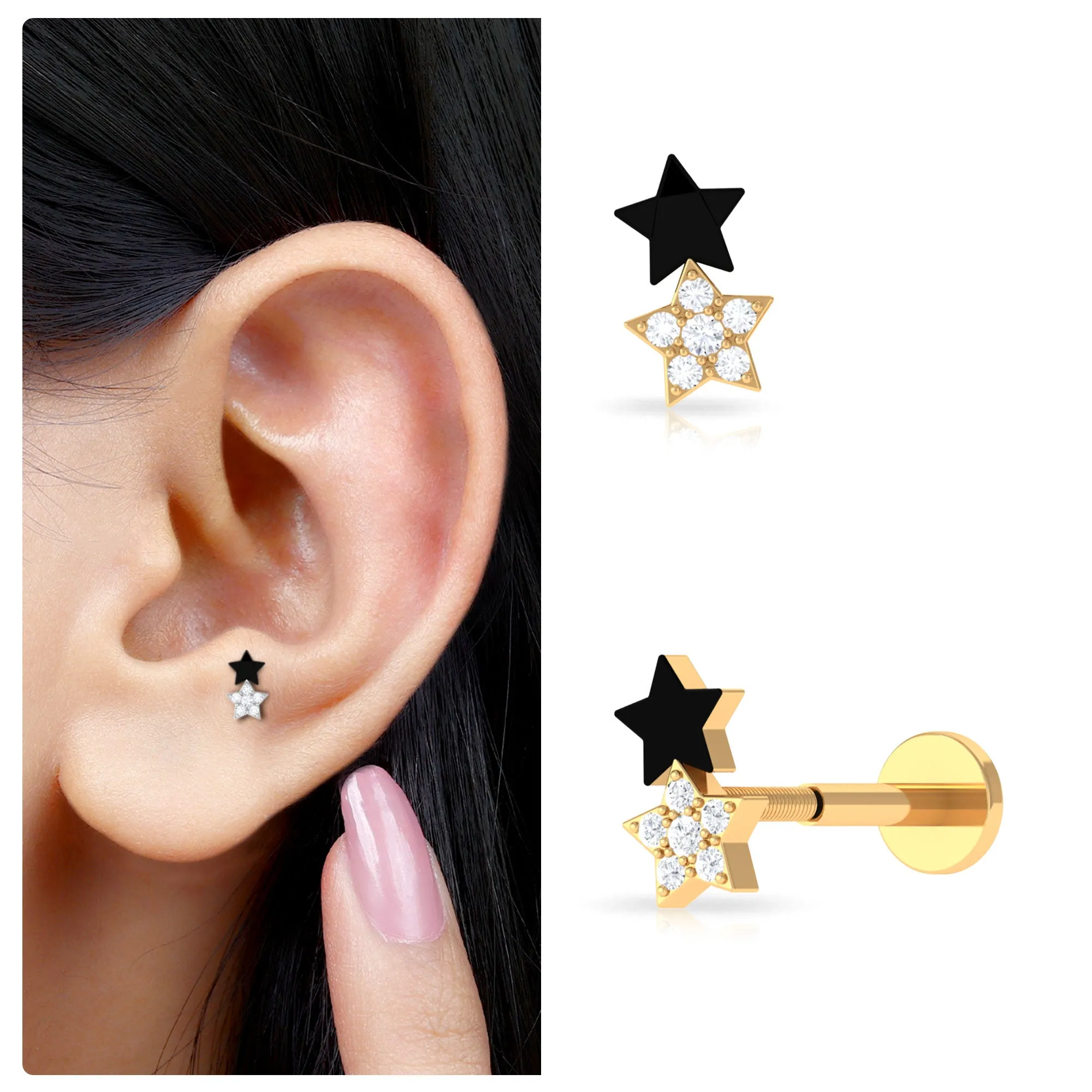 Unique Diamond Star Cartilage Earring with Black Enamel