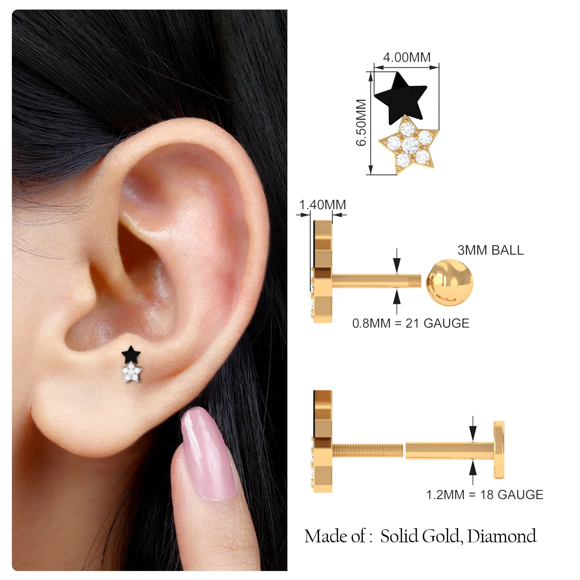 Unique Diamond Star Cartilage Earring with Black Enamel