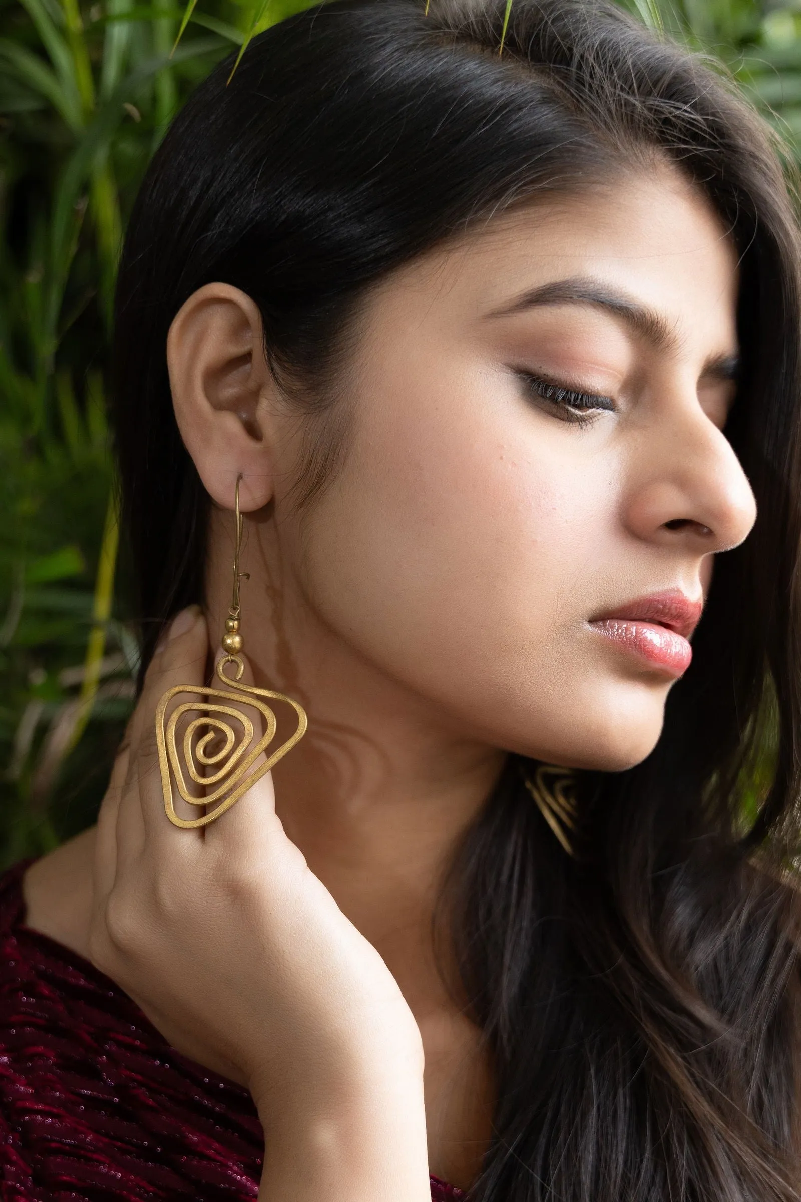 Unique Handmade Dokra Brass Triangular Spiral Earrings - Artistry with Intricate Design