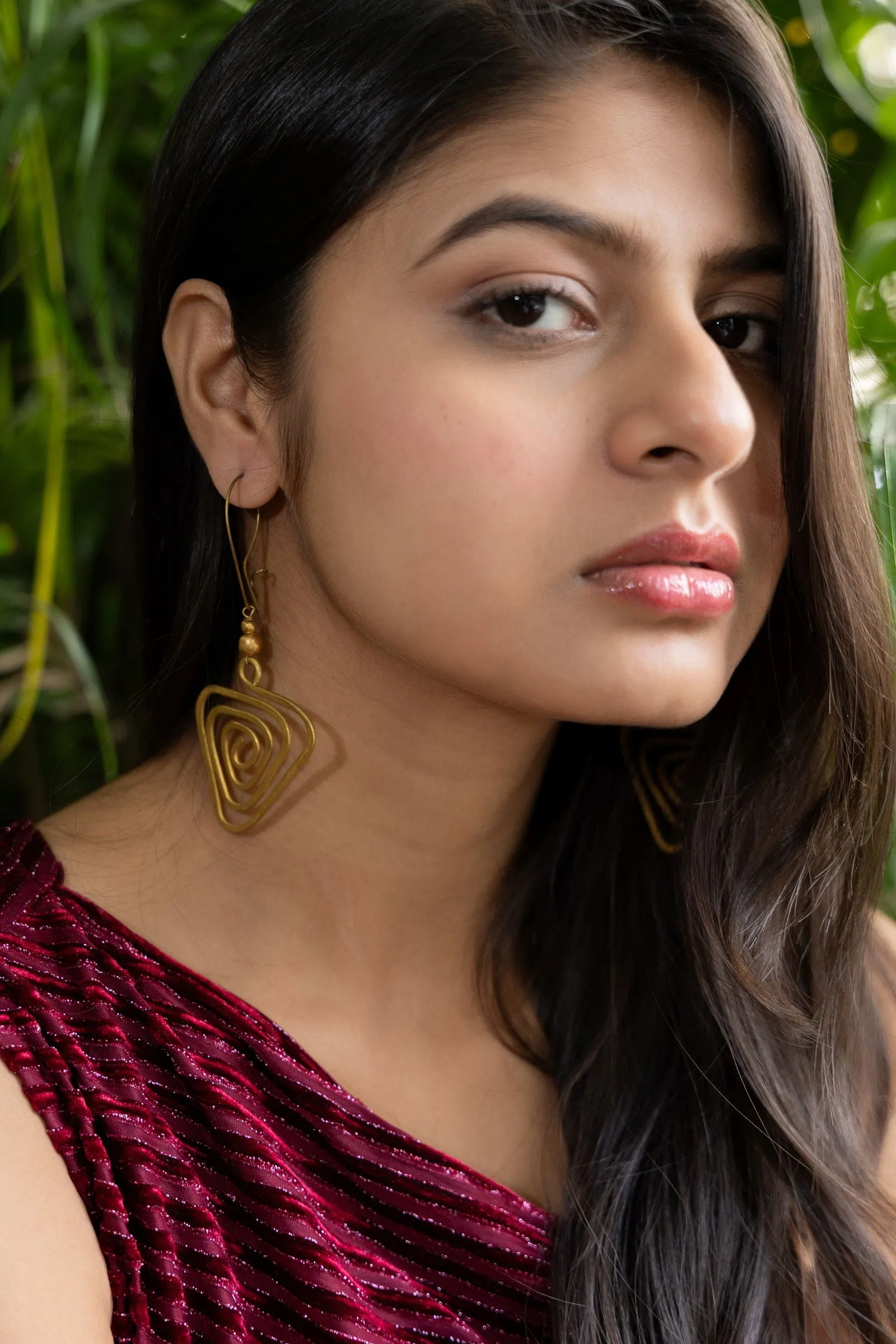 Unique Handmade Dokra Brass Triangular Spiral Earrings - Artistry with Intricate Design