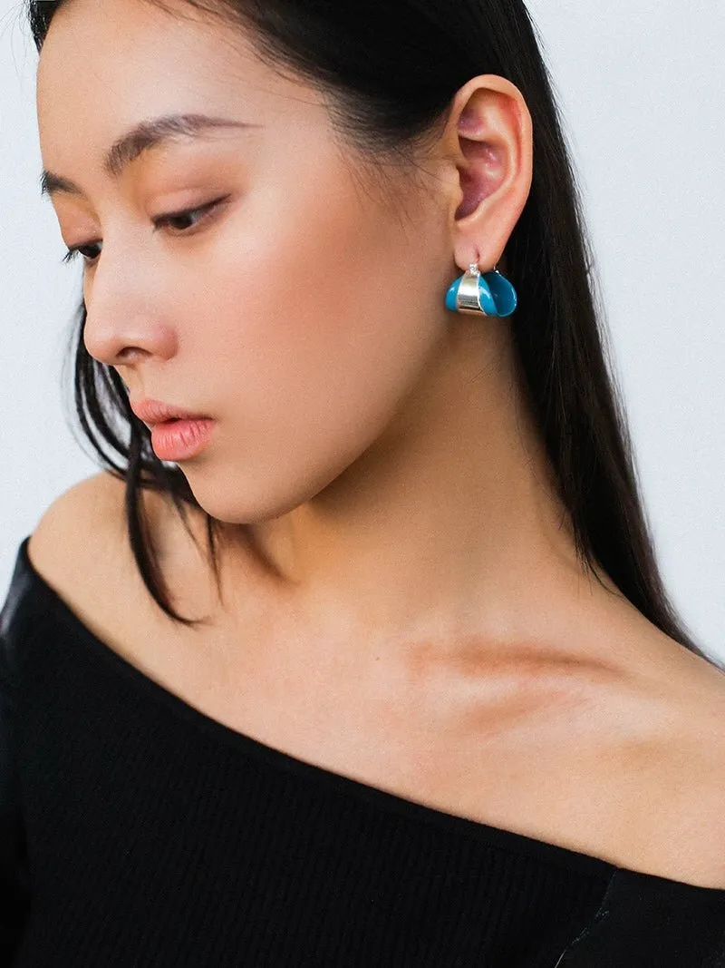 Unique Irregular Blue Enamel Curved Earrings