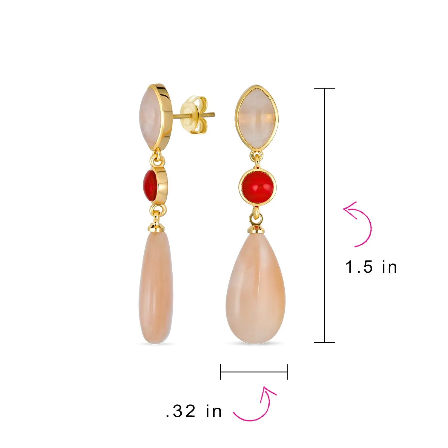 Unique Rose Quartz Dangle Gemstone Earrings in Gold with Multi-Tier Design