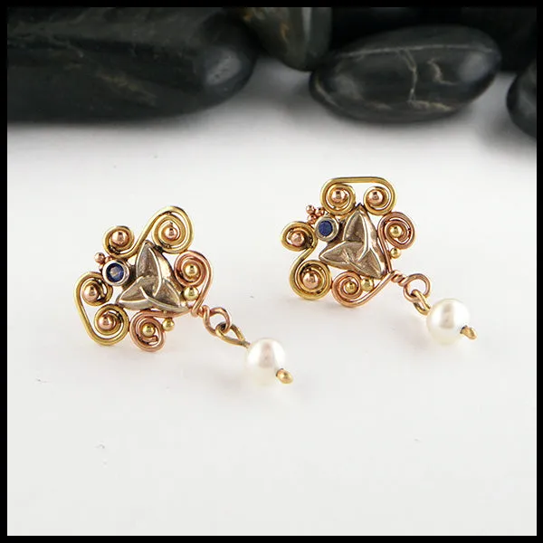 Unique Spiral Earrings with Sapphire & Pearls