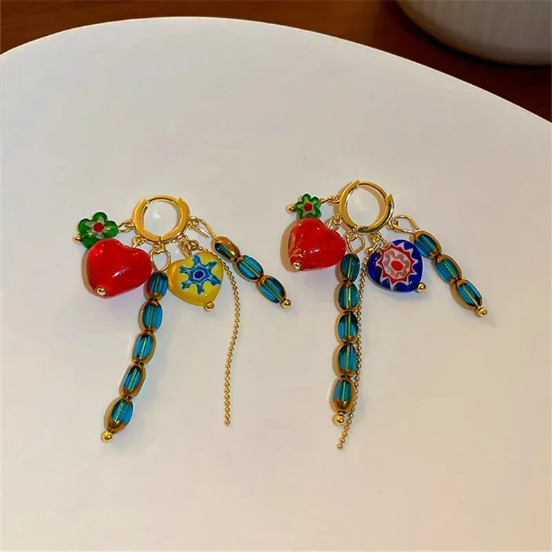 VAIGE Colorful Geometric Heart-Shaped Beaded Drop Earrings - Trendy Zinc Alloy Party Jewelry