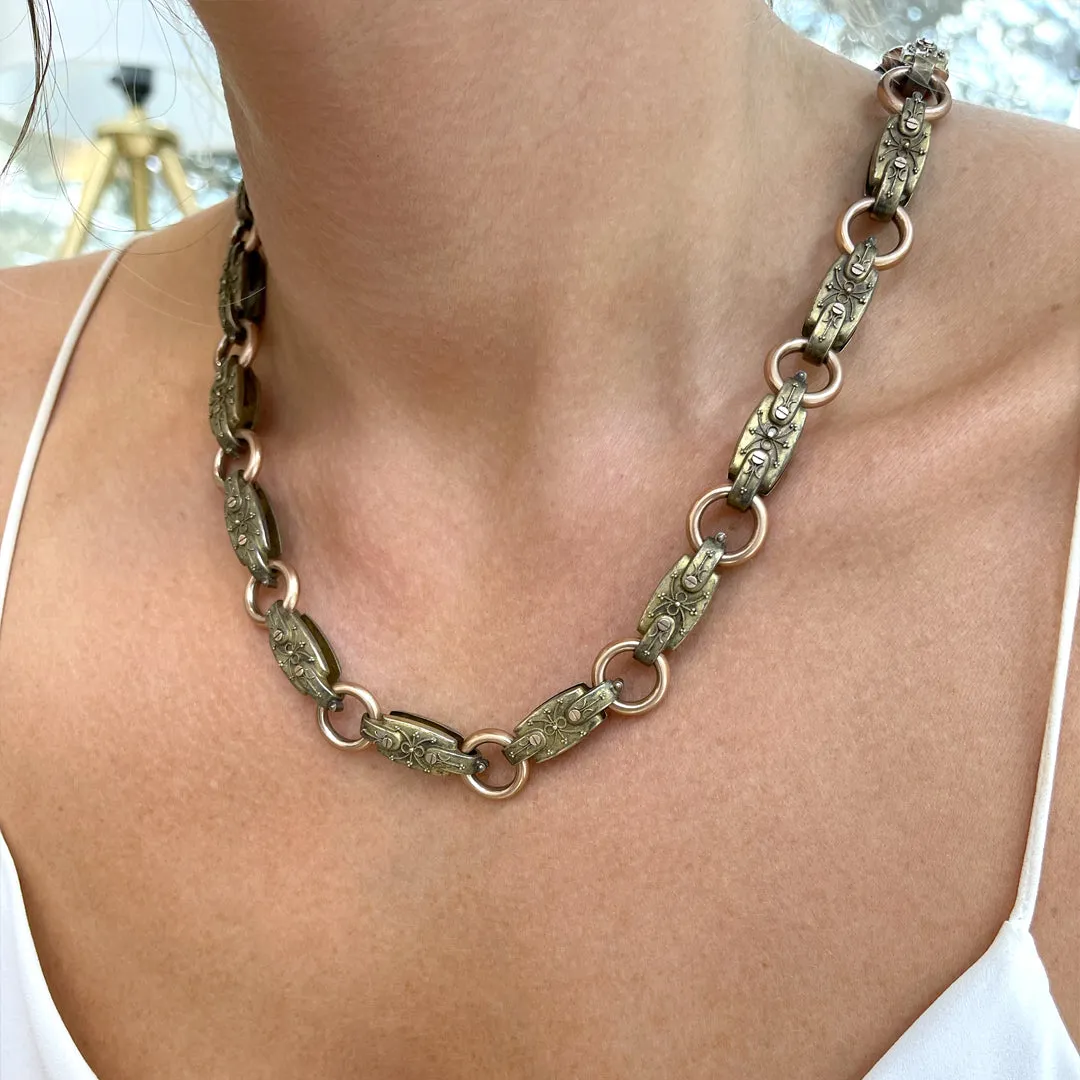 Victorian Bronze Necklace, 18K Gold Heavy Link Chain Necklace, Chunky One Of A Kind Antique Jewelry, Handmade Jewelry