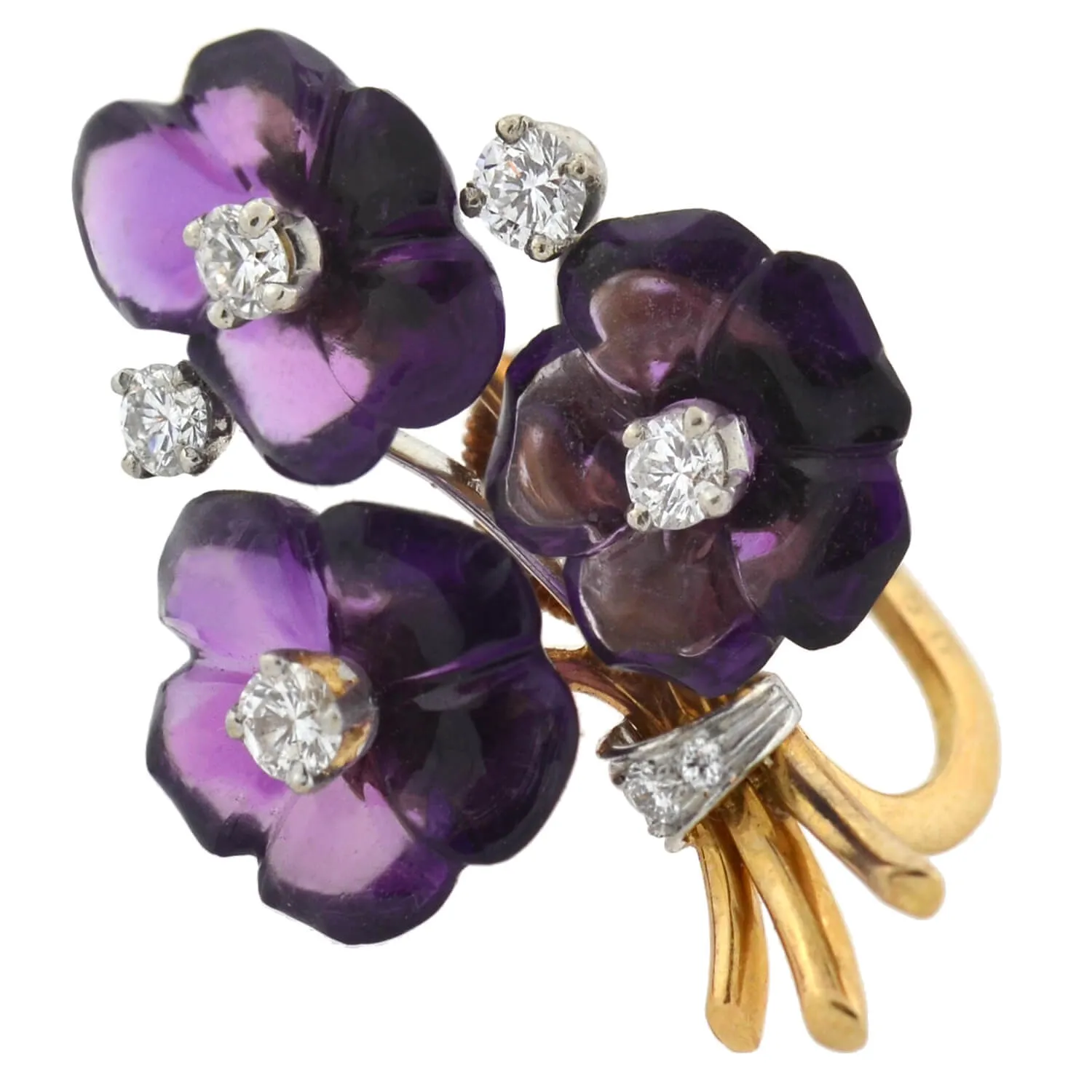 Vintage 18kt Carved Amethyst   Diamond Flower Bouquet Screw Back Stud Earrings