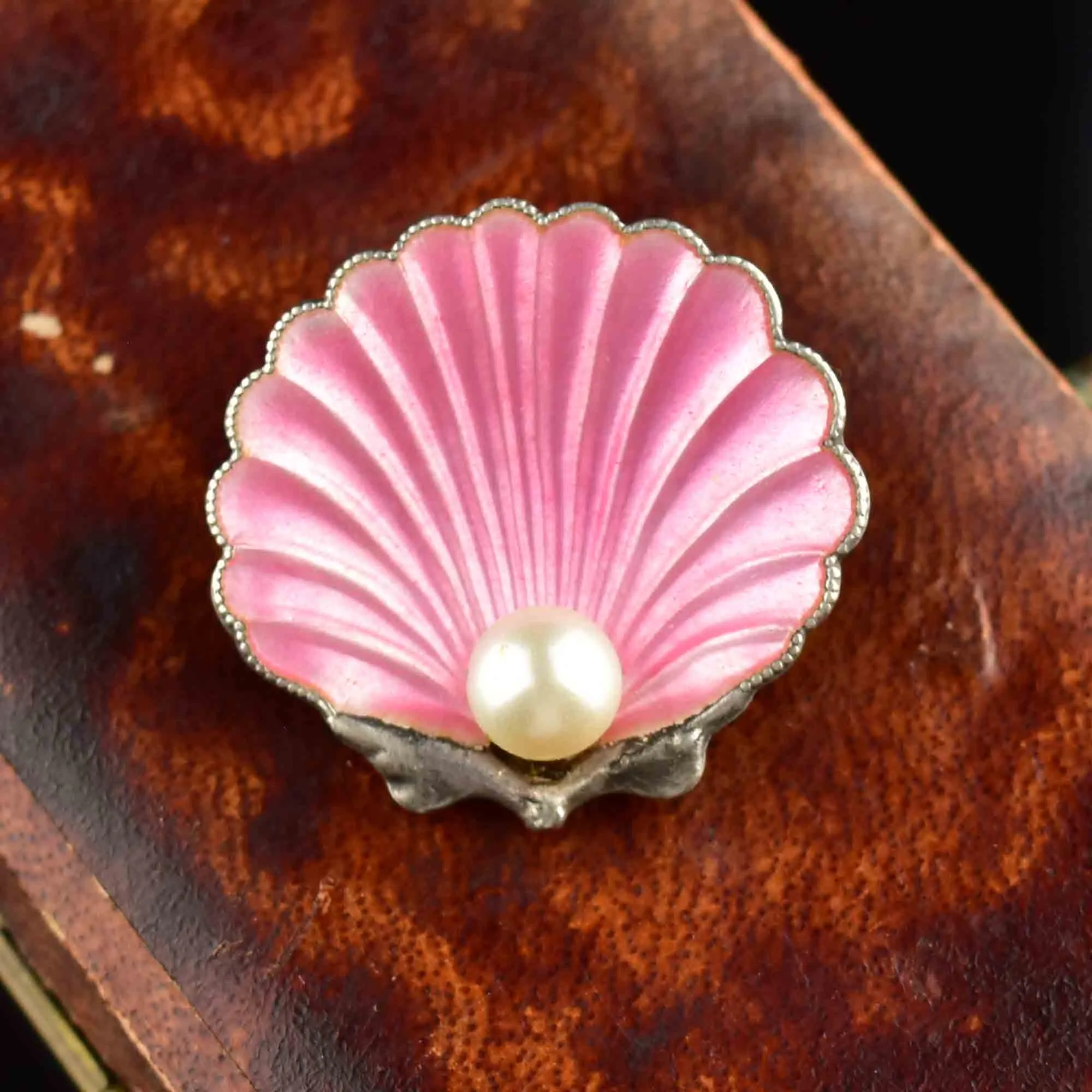 Vintage Art Deco Pink Enamel Pearl Shell Brooch