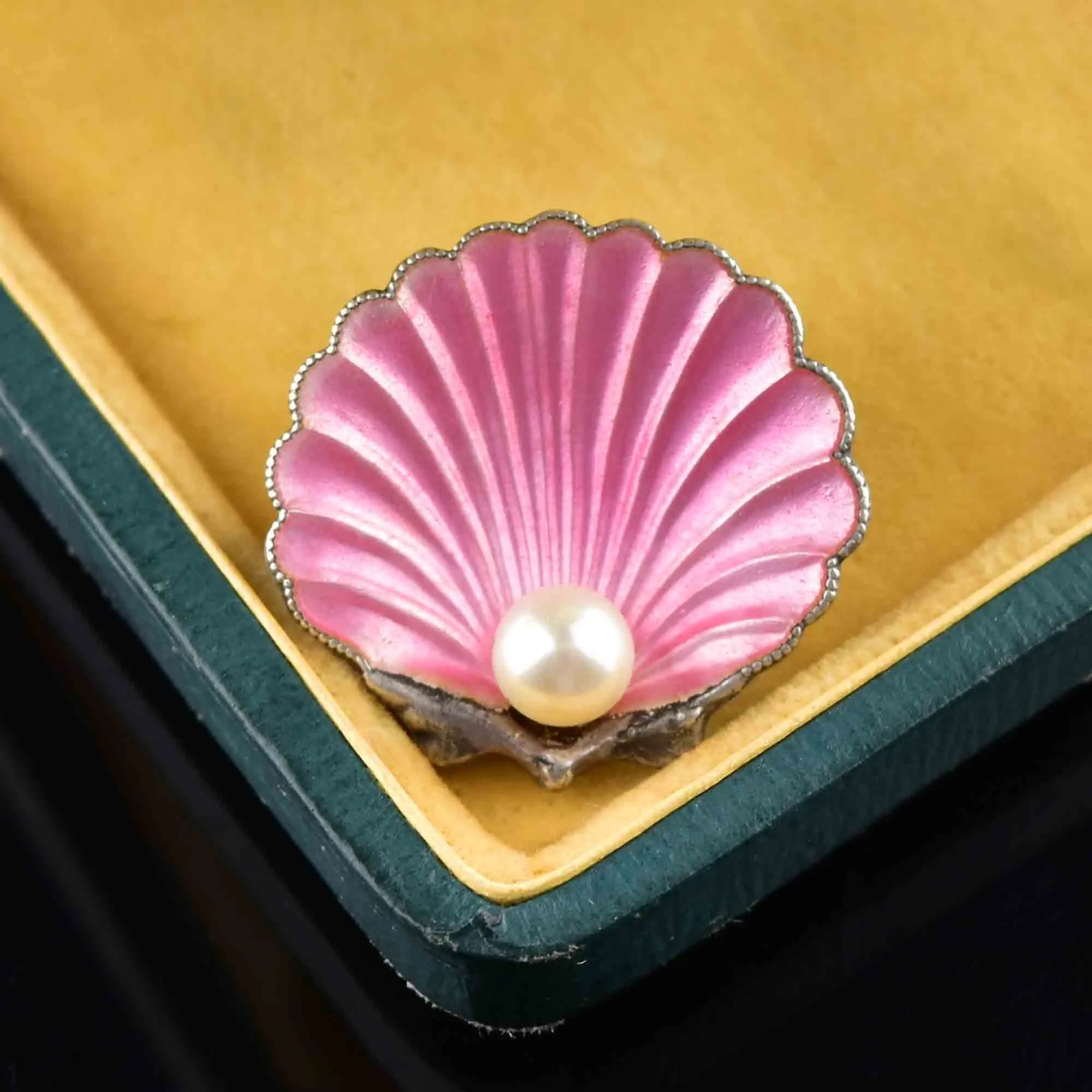 Vintage Art Deco Pink Enamel Pearl Shell Brooch