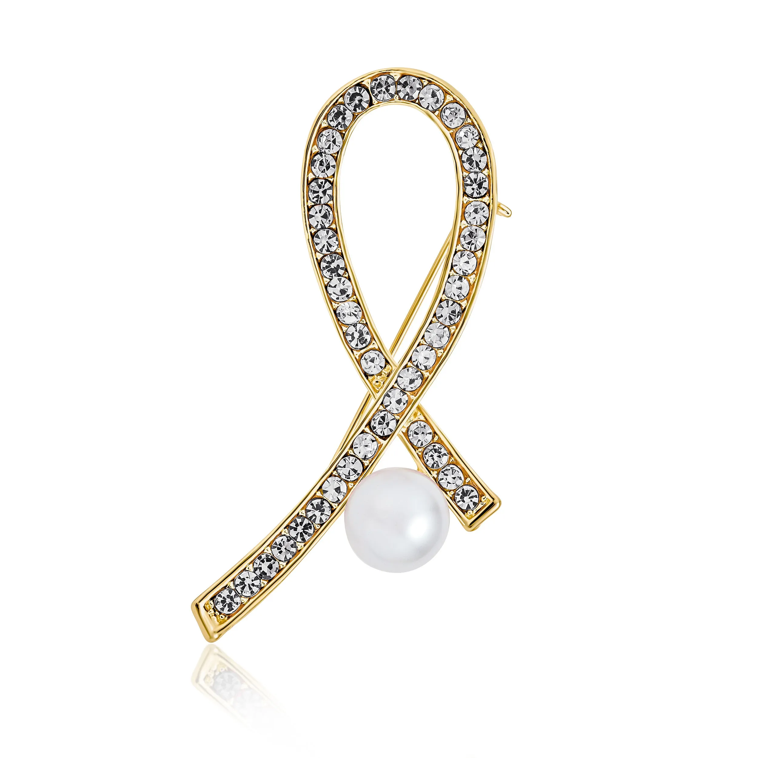 White Pearl Crystal Pave Pink Ribbon Breast Cancer Brooche Pin Gold Silver Plated