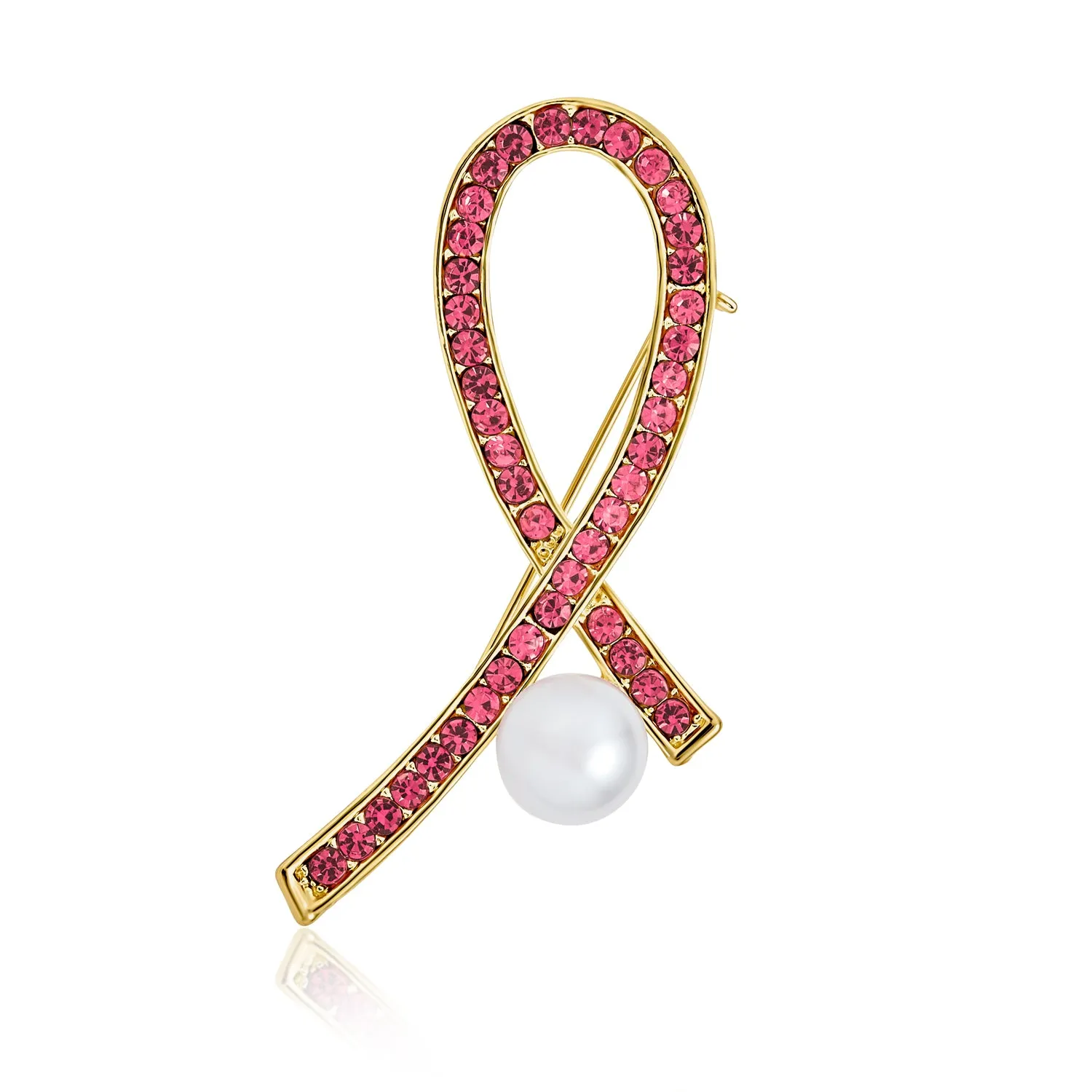 White Pearl Crystal Pave Pink Ribbon Breast Cancer Brooche Pin Gold Silver Plated